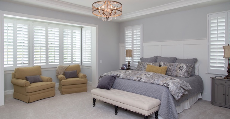 White shutters in Indianapolis bedroom.